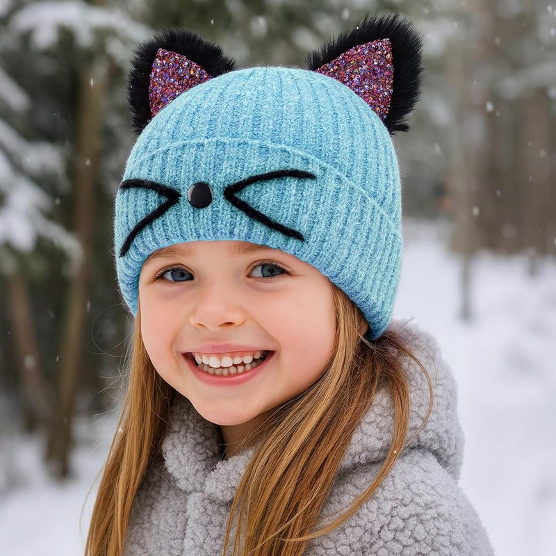 ACTLATI Little Girls Sequin Cat Ears Hats Cute Warm Knit Beanie Hat for Kids Winter Outdoor Snow Ski Skull Cap 3-8 Years - Image 3